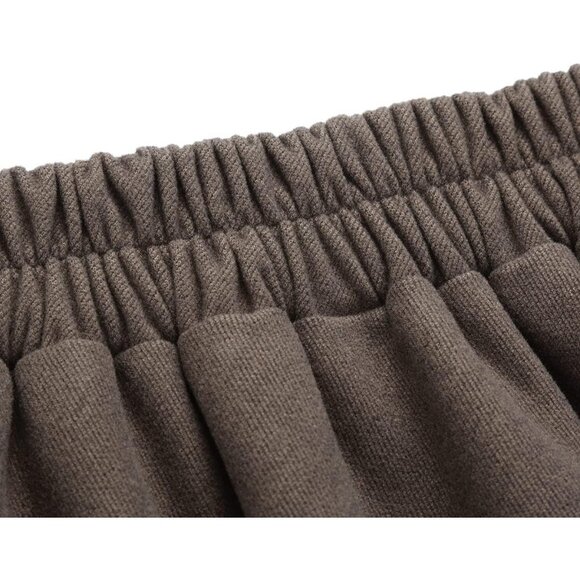 Womens Long Pure Khaki Elastic Waist A-Line Pleated Tartan Long Plaid Wool Skirt - Picture 4 of 5